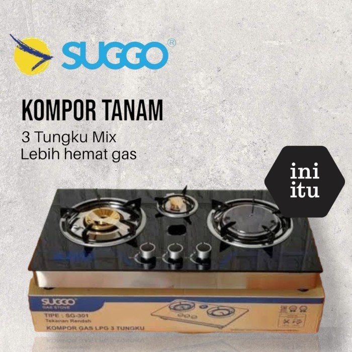 [ Suggo ] Kompor Gas Lpg 3 Tungku Suggo - Kompor Tanam - Tempred Glass