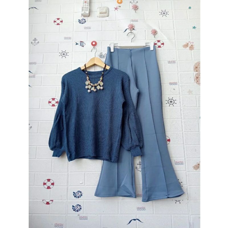 Setelan Wanita Rajut Tangan Balon Celana Cutbray Scuba Kekinian