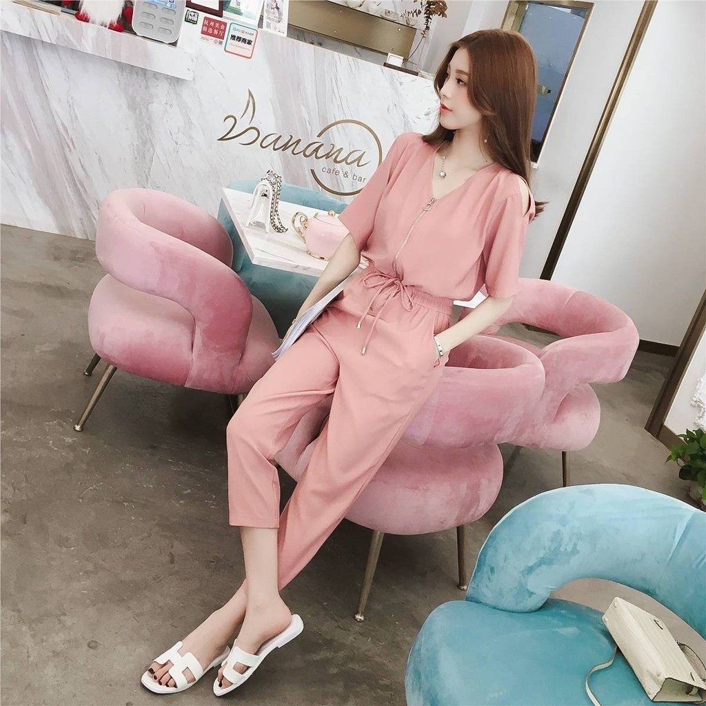 Jumpsuit Wanita Gaya Korea, Jumpsuit Kasual untuk Wanita, Jumpsuit Lengan Pendek Ketat Pinggang Ting