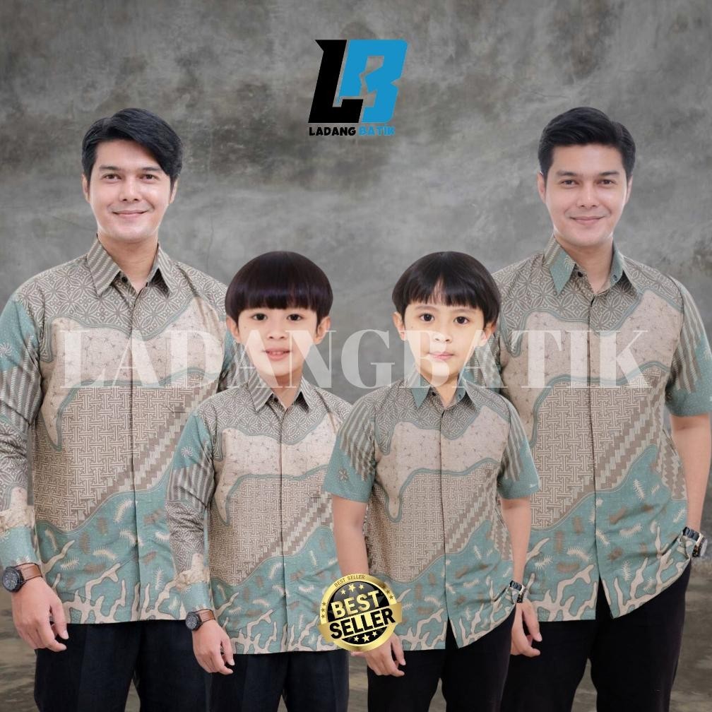 New Couple Kemeja Batik Ayah Anak Laki Laki Motif Inara Sage Warna Hijau Sage Mint Green Batik Pria 