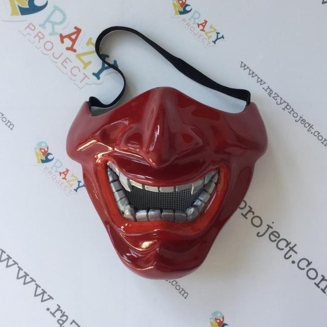 BDC [TERLARIS] MASK TOPENG KAYU COSPLAY ANIME HALF ONI SETAN JEPANG HALLOWEEN MERAH TERLARIS