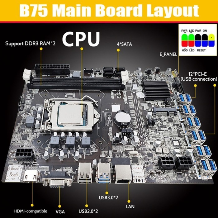 B75 Eth Miner Motherboard 12 Pcie Ke Usb 3.0 + G1630 Cpu + Rj45 +