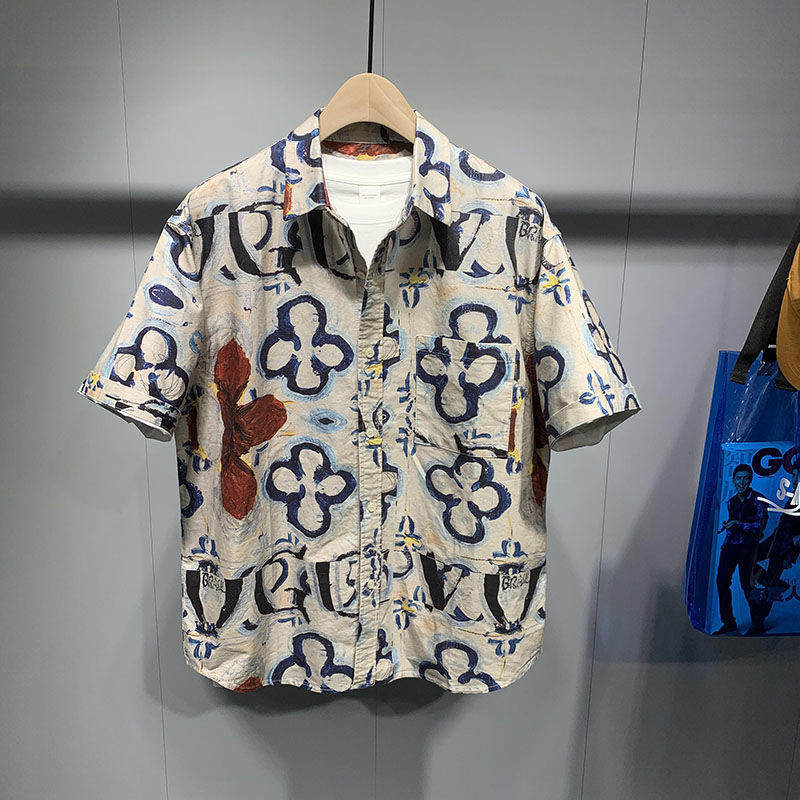 Kemeja Lengan Pendek Pria2024Baju Pria Kasual Motif Grafiti, Baju Pria Kasual Ketat Bermerek Modis