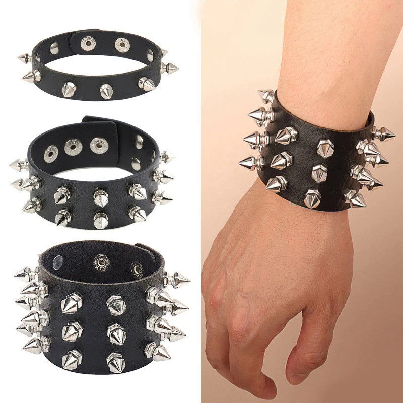 2024 Gelang Kulit Pu Bertatahkan Choker Punk Paku Keling Manset Gelang Hitam Gelang Manset Dapat Dis