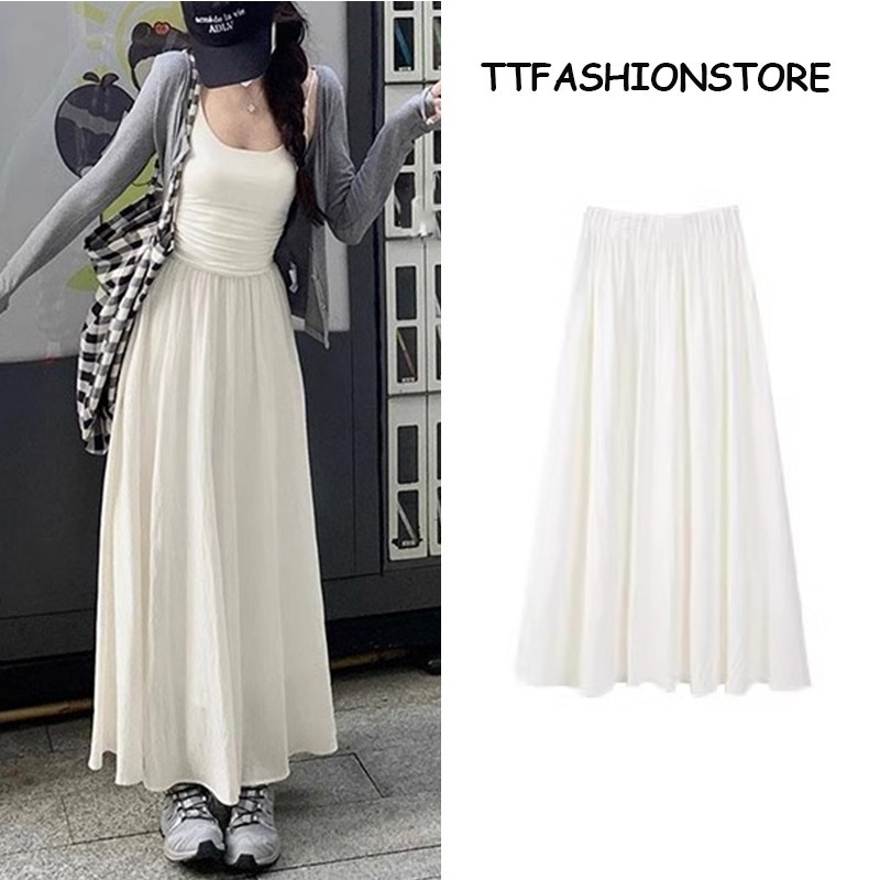 dewi Rok Plisket Gaya Korea Rok Payung Longgar Putih Rok Panjang 7/8 Rok Maxi A-Line Kasual Pinggang