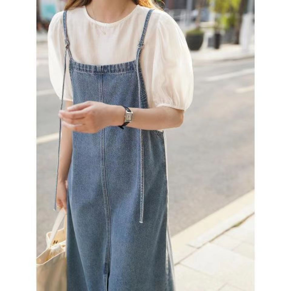 Monica baju kondangan wanita kekinian overall dress jeans jumbo midi dress denim rok belah samping j