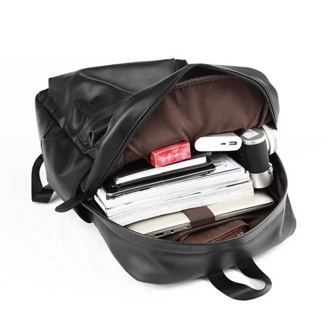 Tas Ransel Kulit Laptop Backpack Pria Wanita Sekolah Hitam Polos Korea