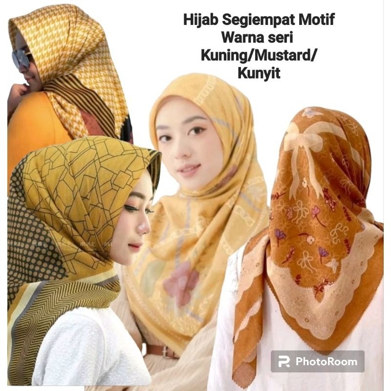 Promo Mega Sale 5.5 // Hijab Segiempat Motif Seri Warna Kuning/Mustard/Kunyit/Lemon