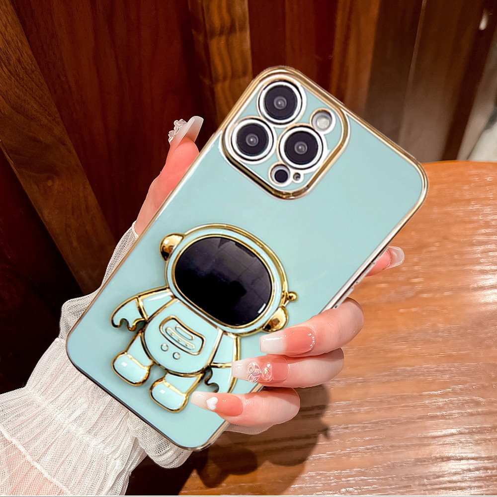 Premium Case OPPO Casing OPPO Electroplated TPU Case Plain with Pop Socket Astronaut for OPPO A15 A1