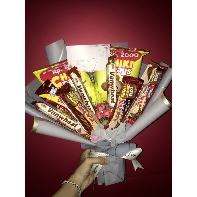 

buket snack ready bisa add tulisan bisa Dropship