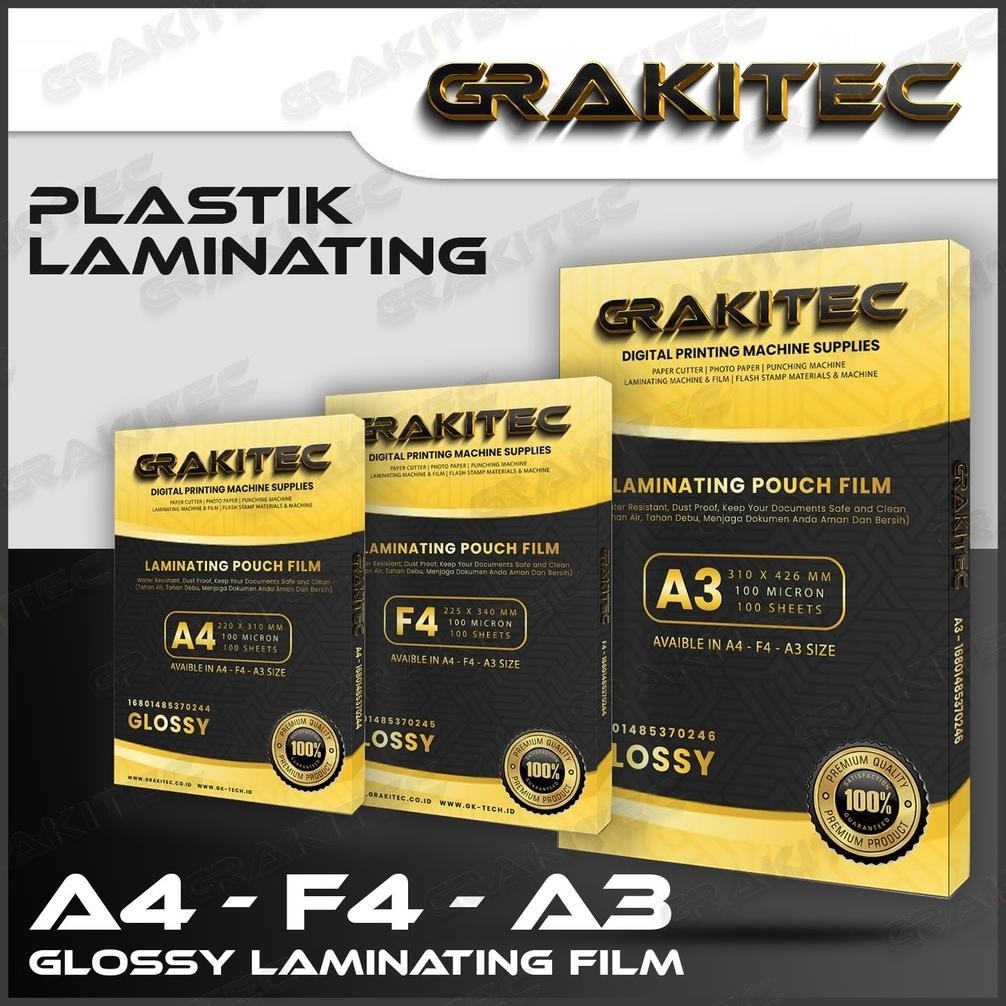 

TERMURAH Plastik Laminating FIlm F4 & A4 Glossy 100 MICRON 100 PCS Grakitec KT78
