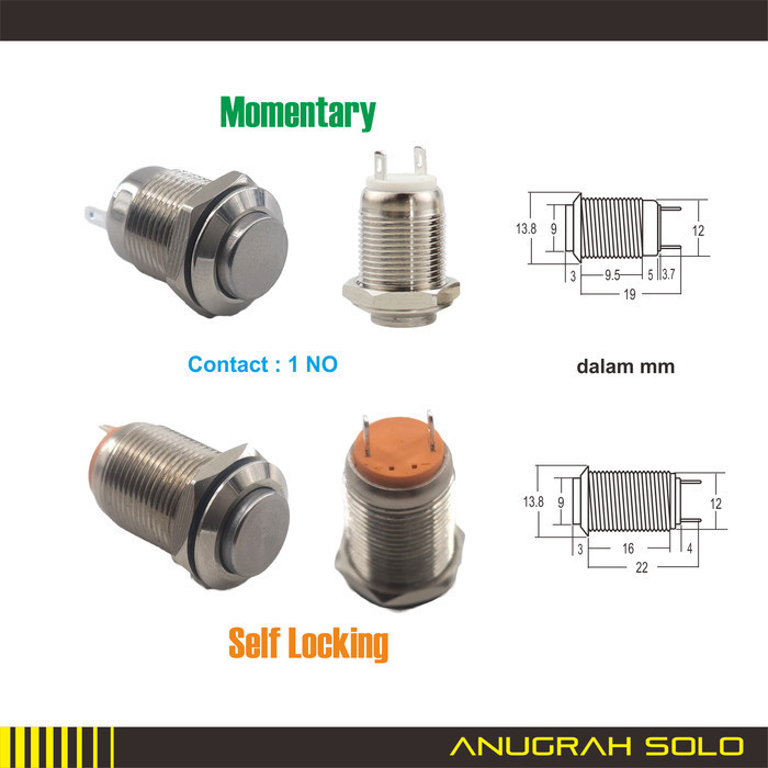 ] Metal Push Button Pushbutton Tombol Tekan Push ON 12mm 16mm 19mm 22mm