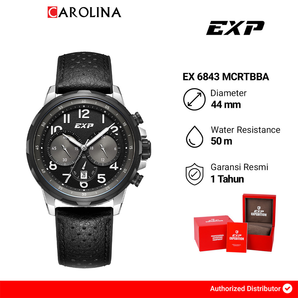 Jam Tangan Pria EXP Chronograph EX 6843 MCRTBBA Black Dial Black Leather Strap