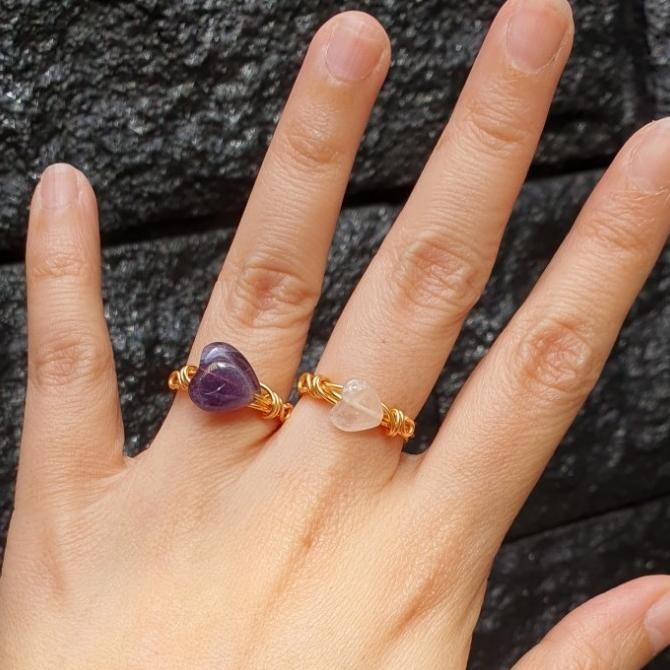 Heart Gemstone Wire Ring - Amethyst / Rose Quartz