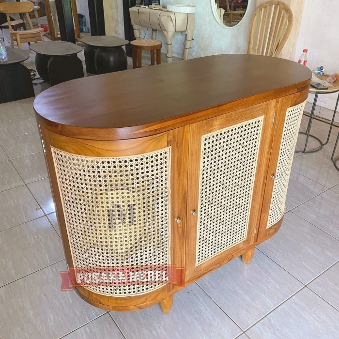 nakas rotan kayu minimalis, bufet rak dapur, meja bufet rotan kayu