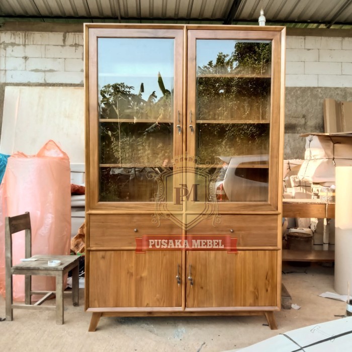 lemari rak dapur kaca kayu jati, lemari rak display pajangan kayu jati