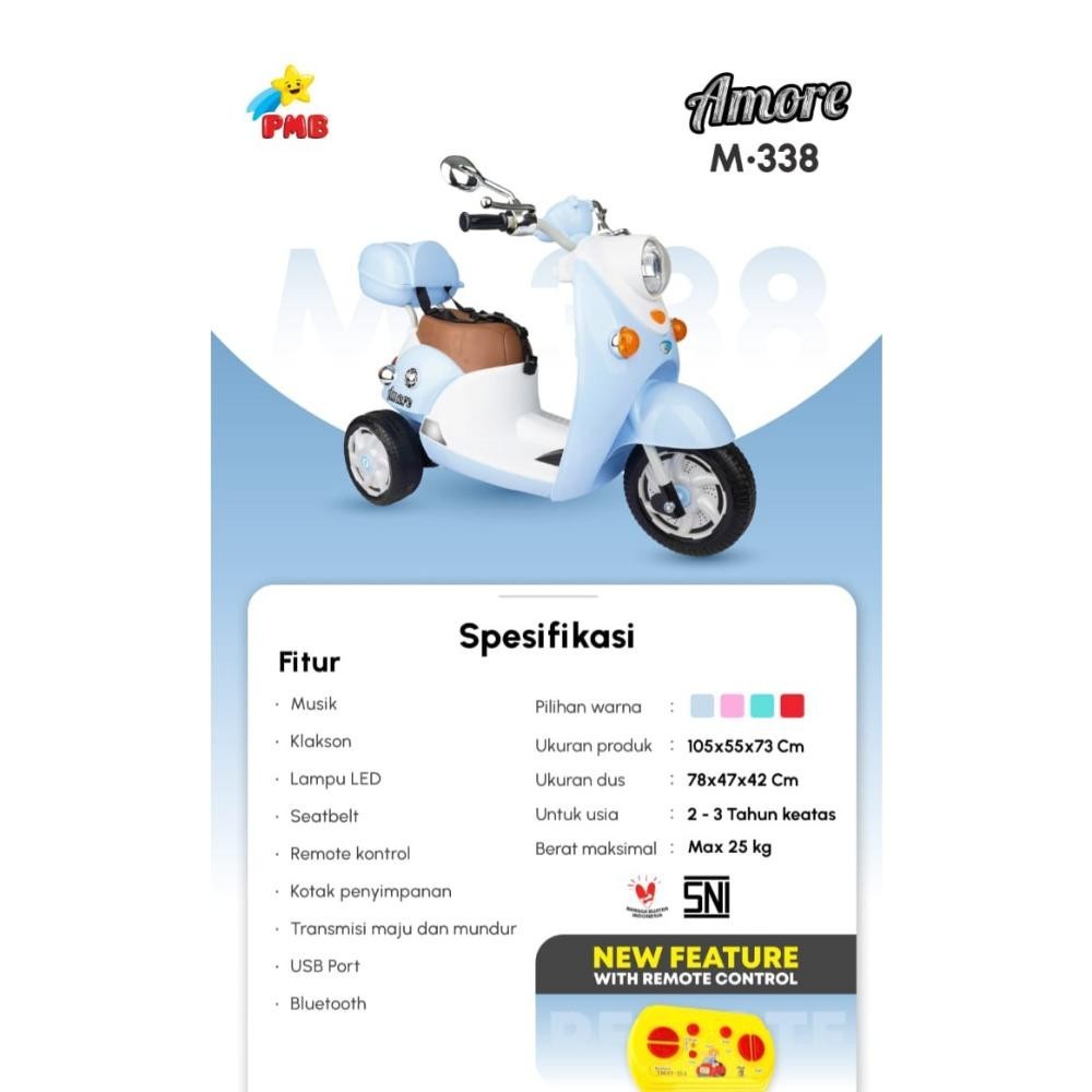 BDG MOTOR AKI PMB M338 SCOOPY AMORE SEPEDA MOTOR LISTRIK ANAK TERLARIS MAINAN MOTOR AKI PLUS REMOTE 