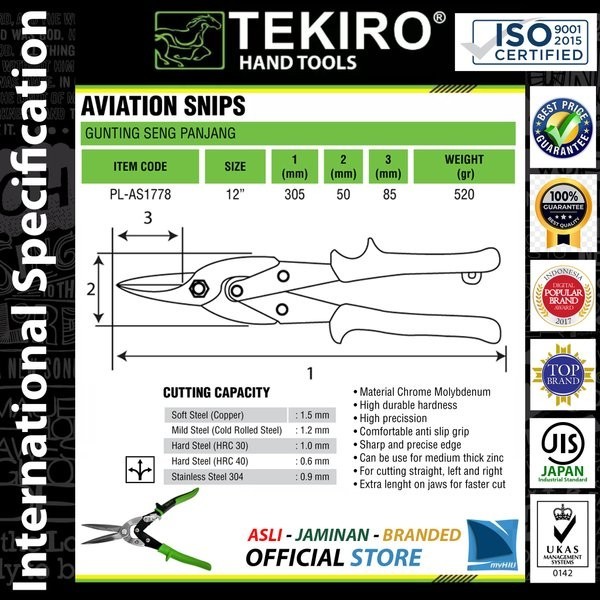 Terbaru Gunting Seng Holo Baja Ringan 12 Inch - Aviation Snips - Tang Potong Hollow Tekiro