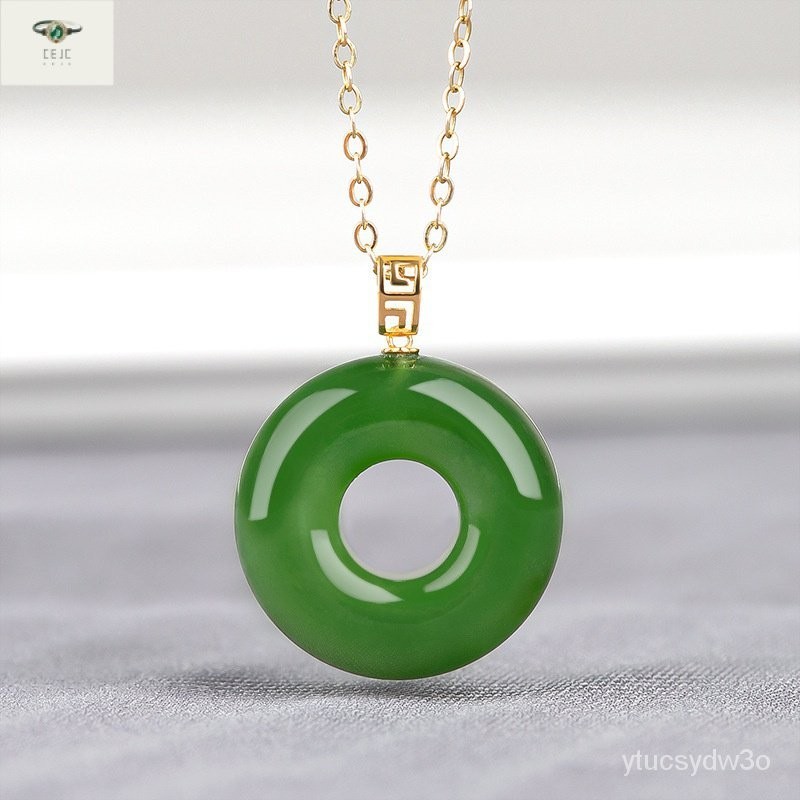 （Dengan Sertifikat）（ytucsydw3o）Bayam Cincin Keamanan Giok Hijau Alami, Liontin Cincin Giok Bahan Tua