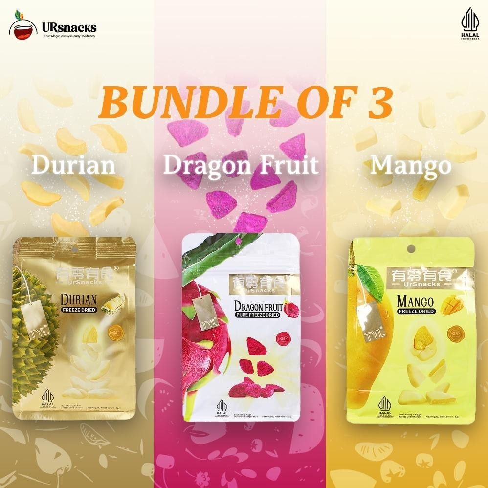 

URSNACKS PAKET HEMAT 3 - FREEZE DRIED KERIPIK SEHAT DURIAN 32gr + MANGO 32gr + DRAGON FRUIT 22gr VAKUM CEMILAN LOW SUGAR SEHAT