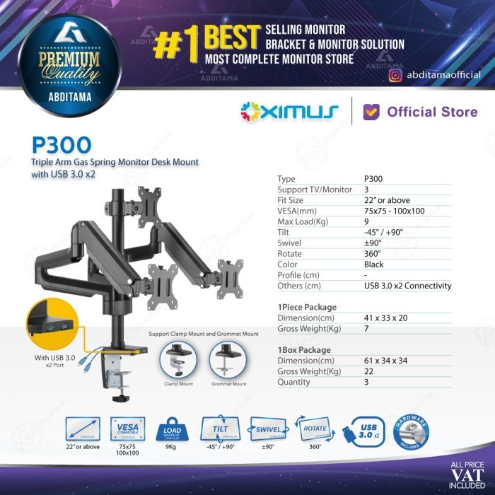 BRACKET MONITOR GAS SPRING OXIMUS P300 TILT SWIVEL ROTATE USB 3.0 x2