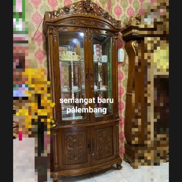 '+'+'+'+] Lemari Hias Jati Jepara 2pintu Ukiran Mawar / Rak Kaca Hias Ruang Tamu