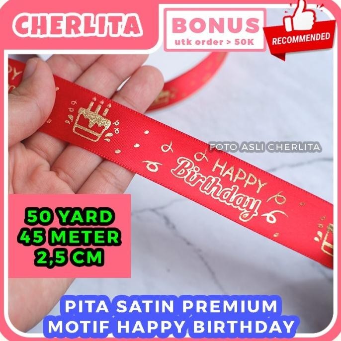 Pita Satin Happy Birthday Emboss Gold Hampers Merah Ribbon Ultah