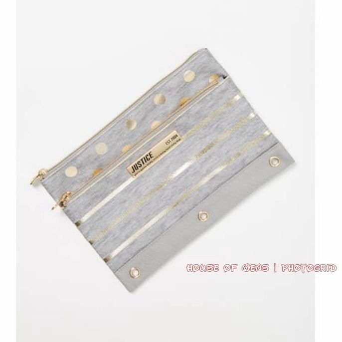 

New Justice Grey Foil Stripe And Dot Pencil Case Original - Tempat Pensil Pengiriman Cepat
