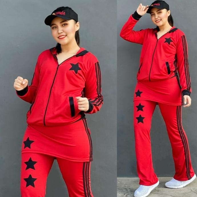 Setelan Baju Senam Lapangan Rok Merah Hitam Zumba Aerobik Hijab Muslim