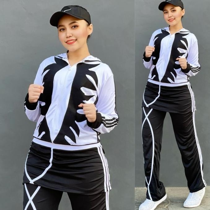 Baju Senam Aerobik Setelan Olahraga Panjang Hijab Rok Api Putih Hitam
