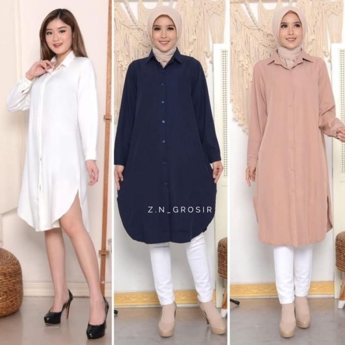 Baju Long Dress Kemeja Tunik Wanita Hitam Putih Polos Jumbo Casual Kas