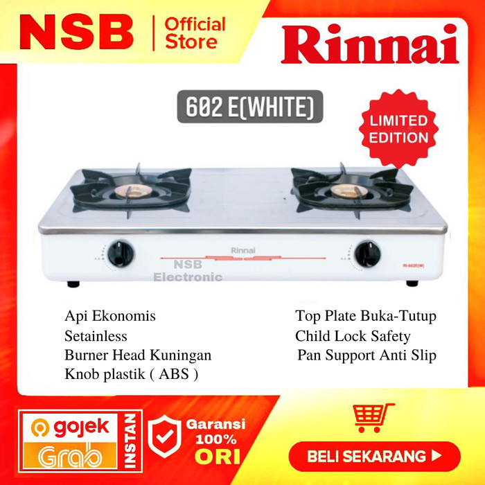 TERBATAS Kompor gas rinai rinnai 2 tungku stenlis stainless RI-602EW putih