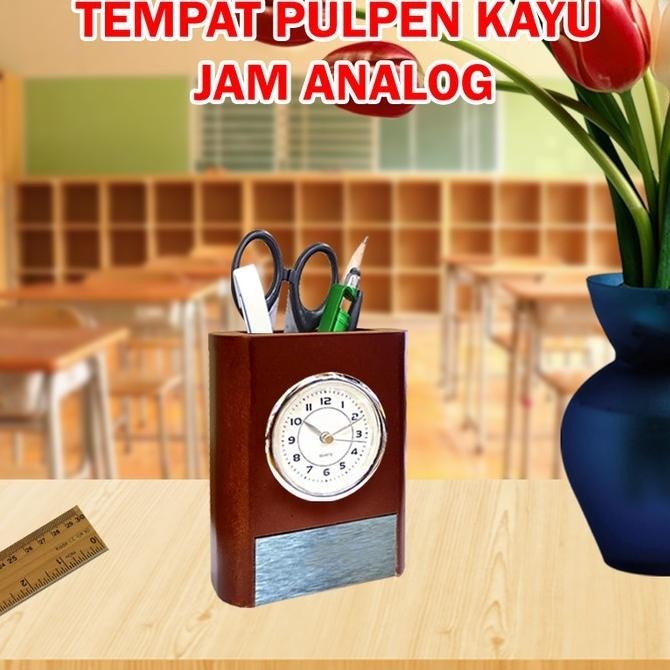 

Tempat Pulpen Pen Holder Kayu Wadah Pen Jam Meja Souvenir Jam Analog Premium Murah Baru