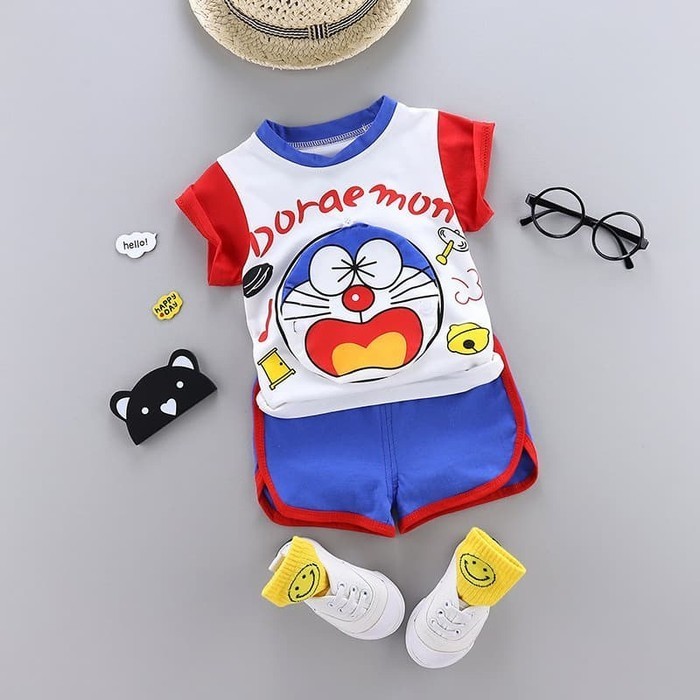 Baju Setelan Doraemon Set Casual Lucu Bayi Laki Laki