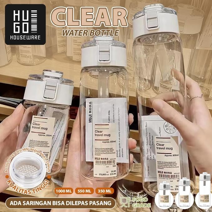 HUGO Botol Minum Putih Transparan Bening Estetik Botol Air Minum Korea
