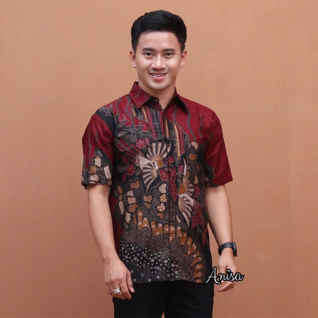 Kemeja Hem Baju Batik Pria Lengan Pendek motif Manuk Tarung Maron Katun