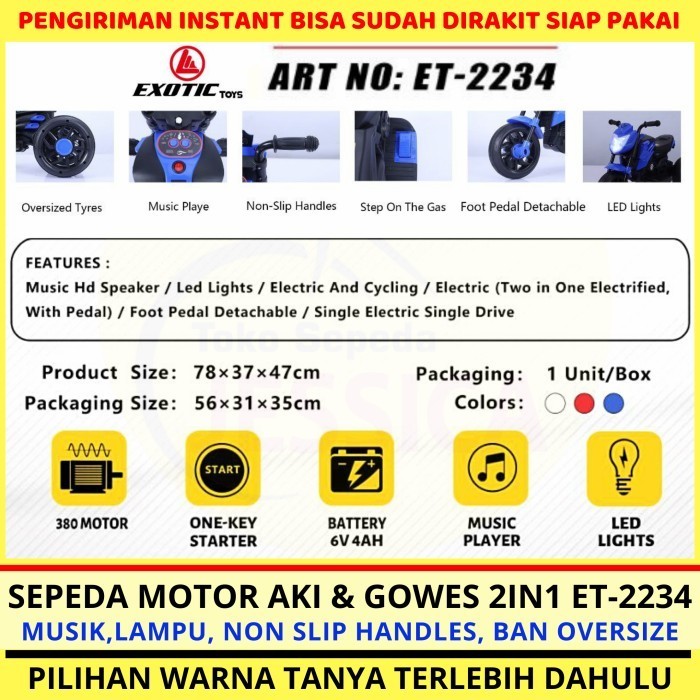 Mainan Anak Motor Aki Dan Gowes 2 In 1 Exotic Et 2234 Sepeda Roda 3