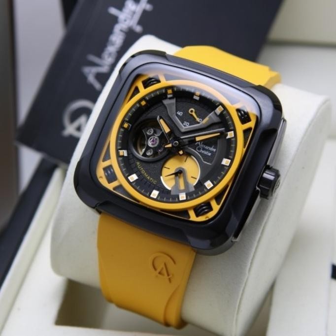 Jam Tangan Alexandre Christie Pria Original AC6577 Yellow Black Auto