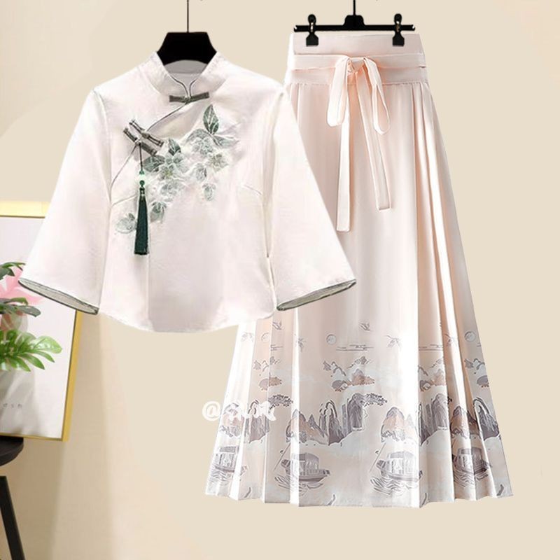 Baju Wanita Hijau Mint, Baju Hanfu Cina Baru, Pakaian Rok Wajah Kuda Gaya Nasional Pelangsing Atasan