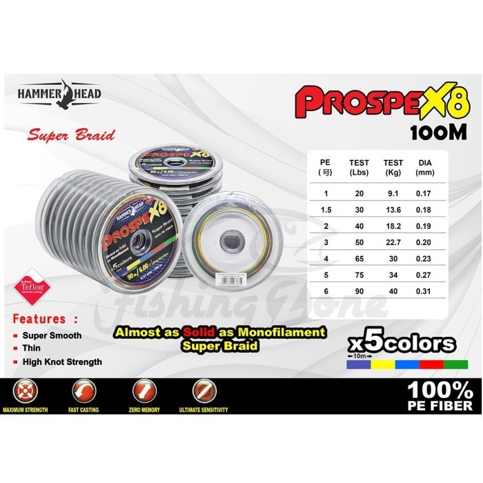 Hammer Head PROSPEX Senar Teflon PE X8 ( Multi ) 100M - PROSPEX8 Line