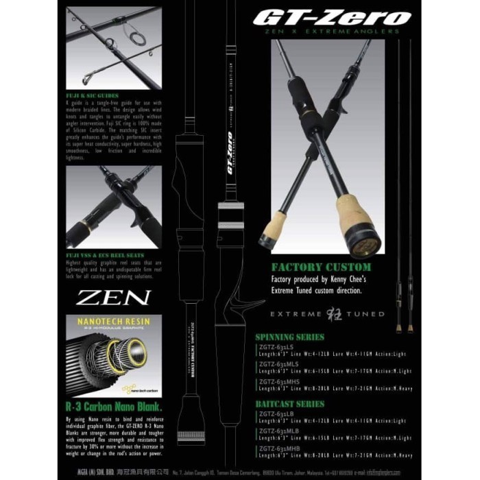 Zen GT-Zero Toray R-3 Nano Spinning Rod ZGTZ-63MHS - 8-20Lb (1section)