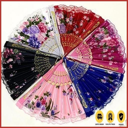 Tarbaru (Min 3 Pcs) Satin Jepang Sulam Emas/ Perak Tari Lipat Motif / Souvenir Kipas Hiasan Kipas Wa