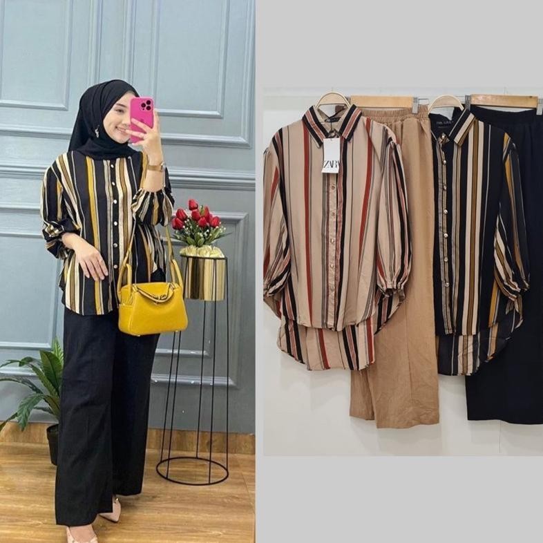 Mega Sale Setelan Wanita Motif Salur Malika // Set Wanita Terbaru // One Set Penjamas Kekinian Termu