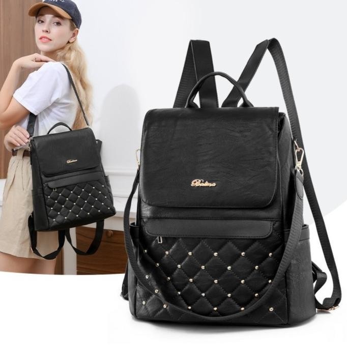 TAS RANSEL WANITA KOREA KULIT HITAM FALIRA BACKPACK GENDONG TA933B5
