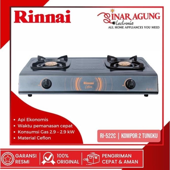 RINNAI KOMPOR GAS 2 TUNGKU RI-522C / RI 522 C / RI522C TEFLON100% ORI