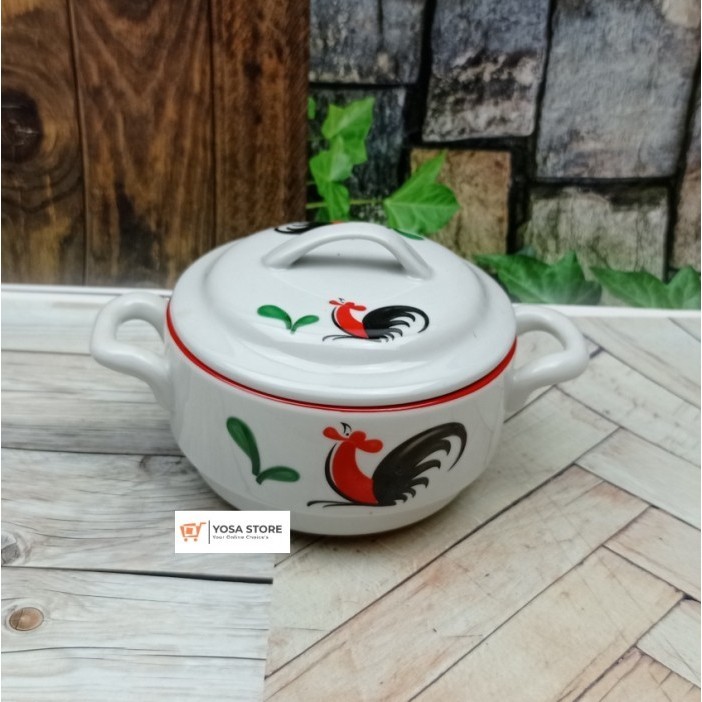 Mangkok Sup/ Sayur Keramik Plus Tutup Motif Ayam Jago Kedaung Home