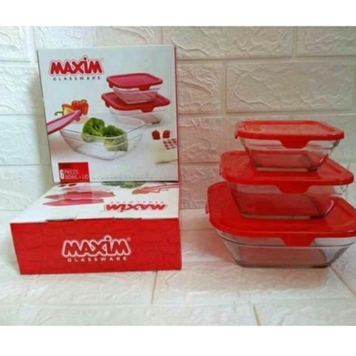 Mangkok Kaca Maxim Set Isi 3 Pcs Dan Tutup
