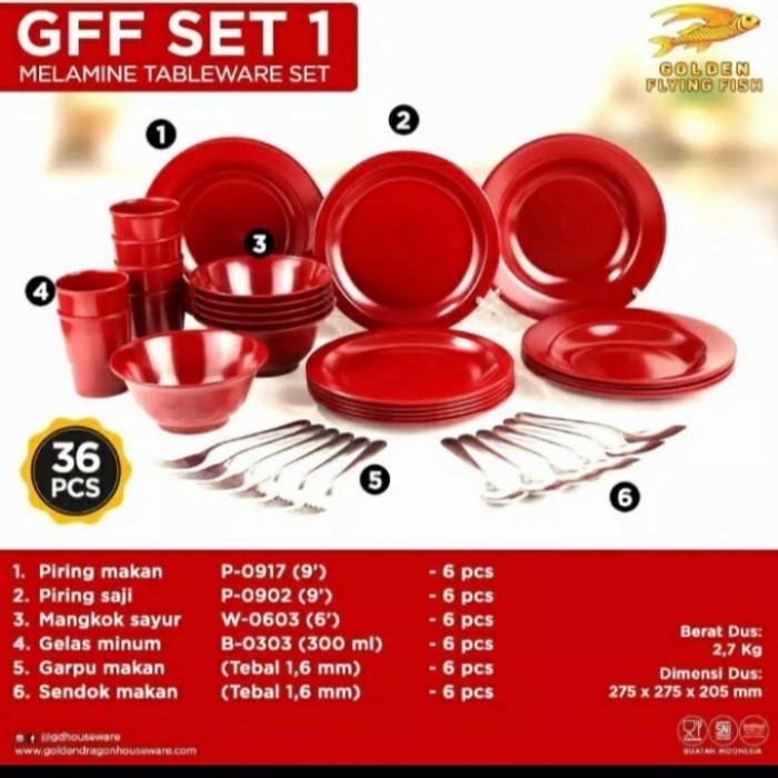Piring&Mangkok&Gelas Melamin Gff Set 1 Golden Flying Fish 36 Pcs