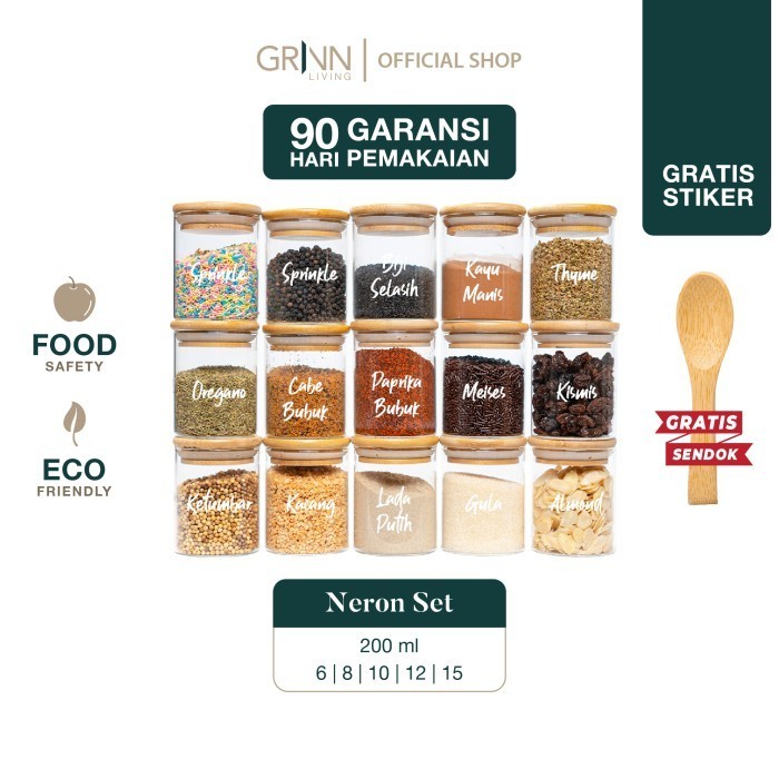 GRINN LIVING SET PAKET NERON GLASS JAR 200 ML TOPLES KAYU BAMBU