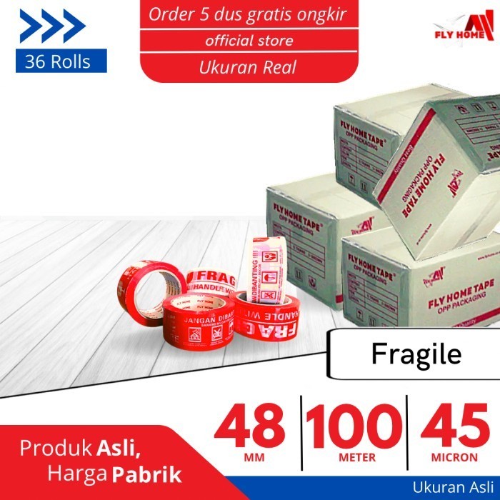 

Flyhome Lakban Fragile Merah Putih 100Meter 48X100 Meter 1 Dus 36 Roll